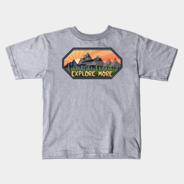 Explore More - Logo, Badge Style Landscape Kids T-Shirt by AlmightyClaire